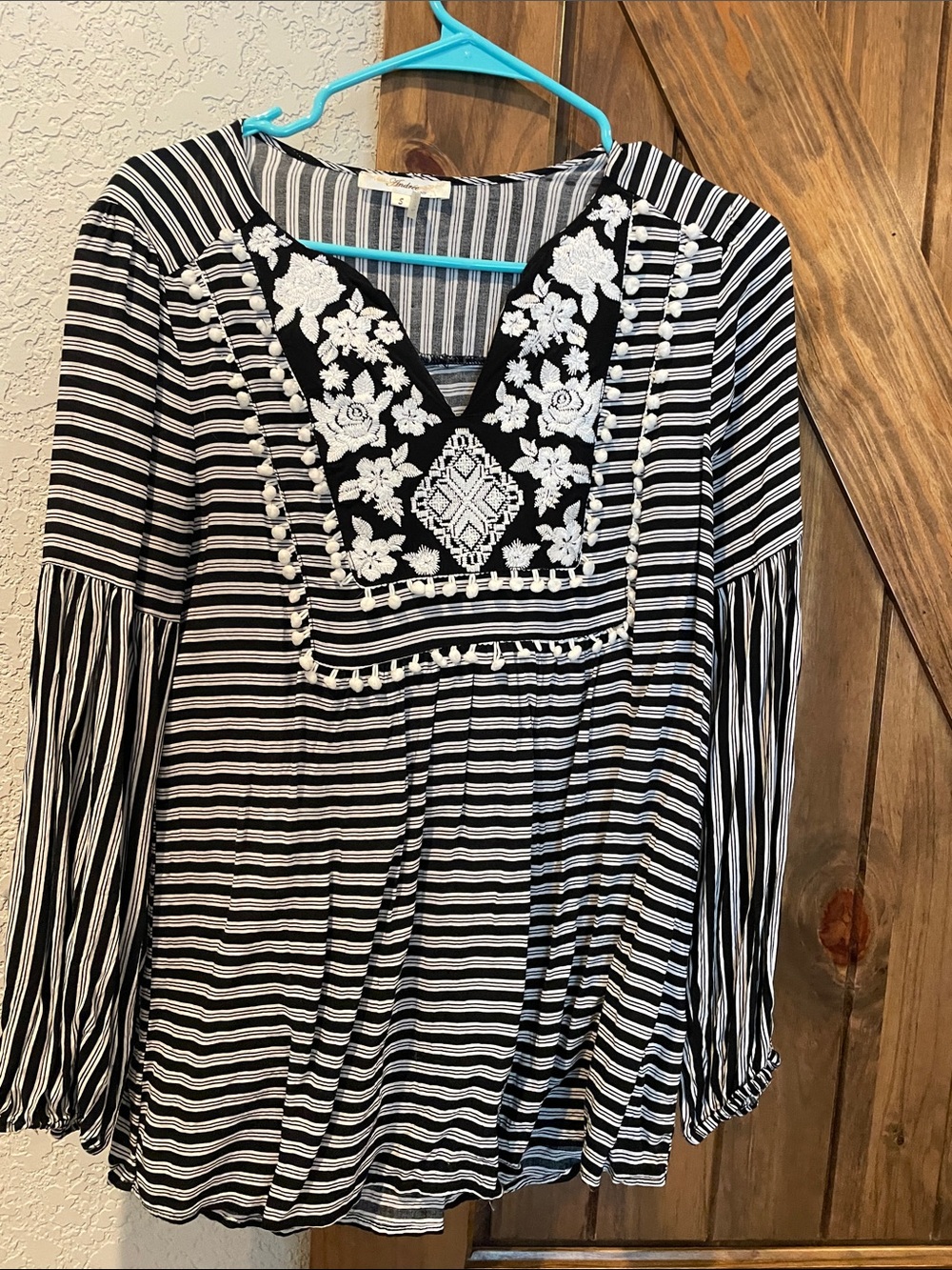 Andree Black & White Striped Embroidered V-Neck Tunic